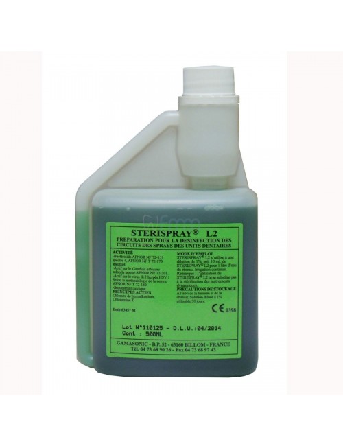 STERISPRAY SOLUTION DESINFECTION CIRCUITS SPRAYS DENTAIRES FLACON 500 ML AVEC DOSEUR GRADUE