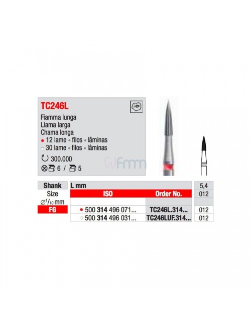 FRAISES TURBINE CARB.TUNGST. FLAMME ISO 012 TC246L TYPE E0517, LES 5 FRAISES